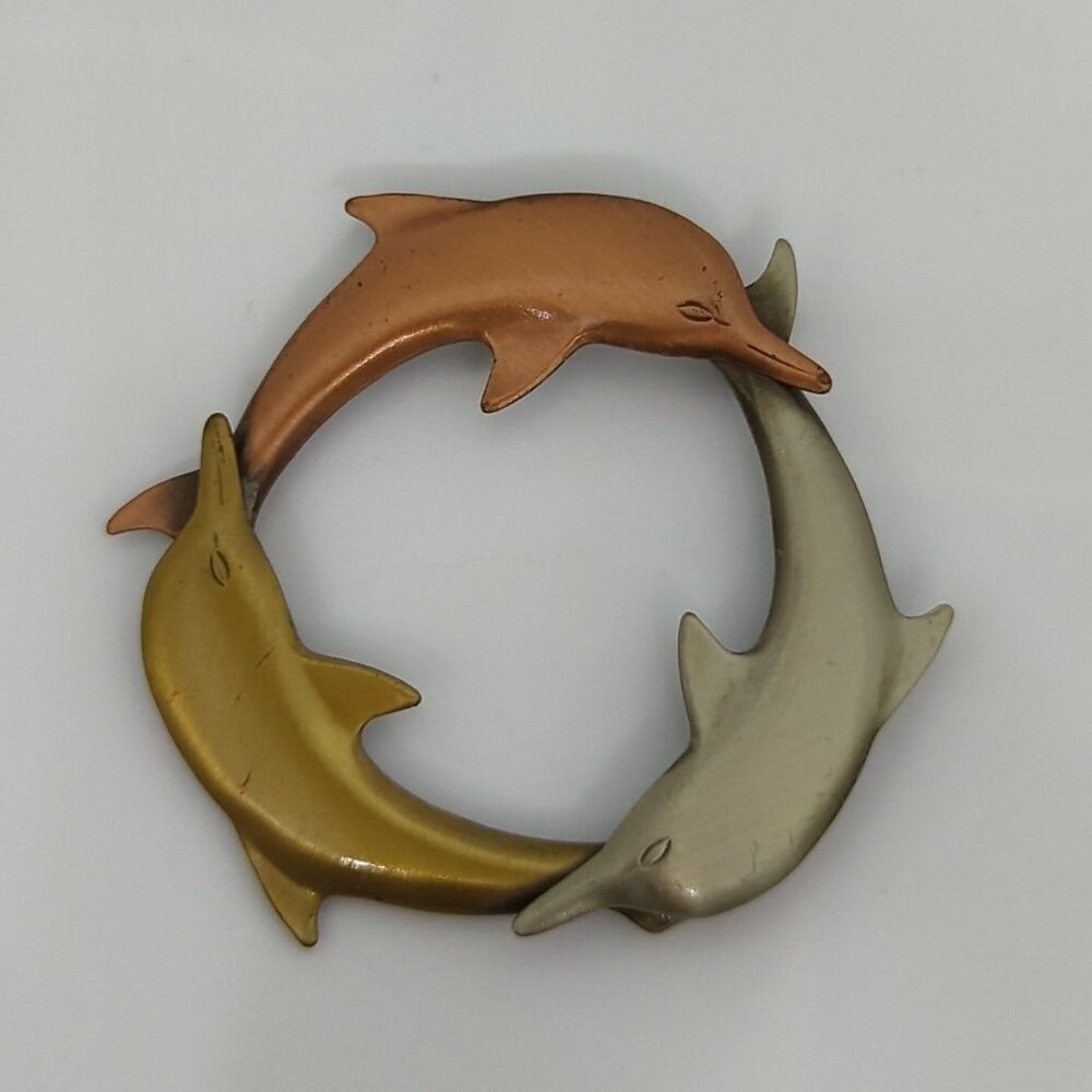Vtg Dolphin Circle Brooch Pin Mixed Metal Copper & Brass Finish Nautical